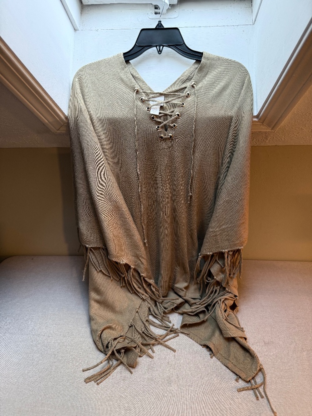 Chicos Fringed Pullover Poncho Sweater With Lace Up Neck OS